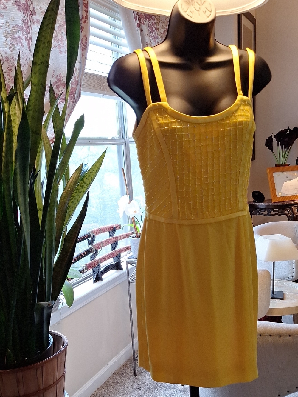 Yellow Beaded Bust Mini Dress